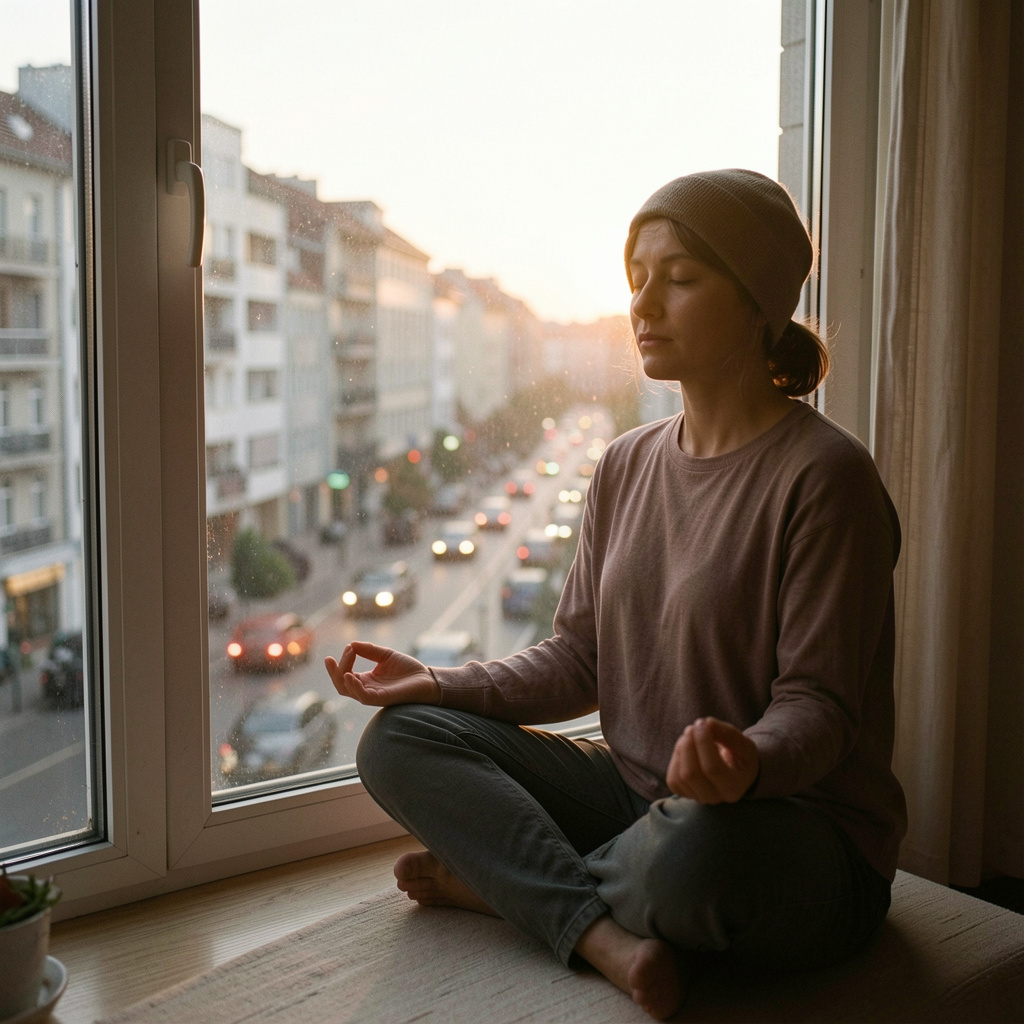 Rauhallinen aamuhetki, henkilö meditoi tai harjoittaa joogaa aamun valossa