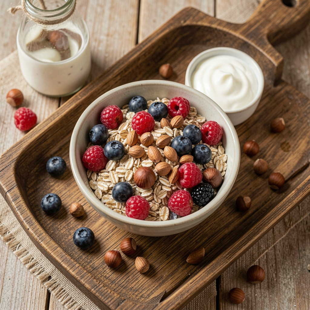 Ravitseva aamupala: kaura, hedelmät, pähkinät ja jogurtti
